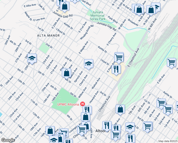 map of restaurants, bars, coffee shops, grocery stores, and more near 1600 2nd Street in Altoona