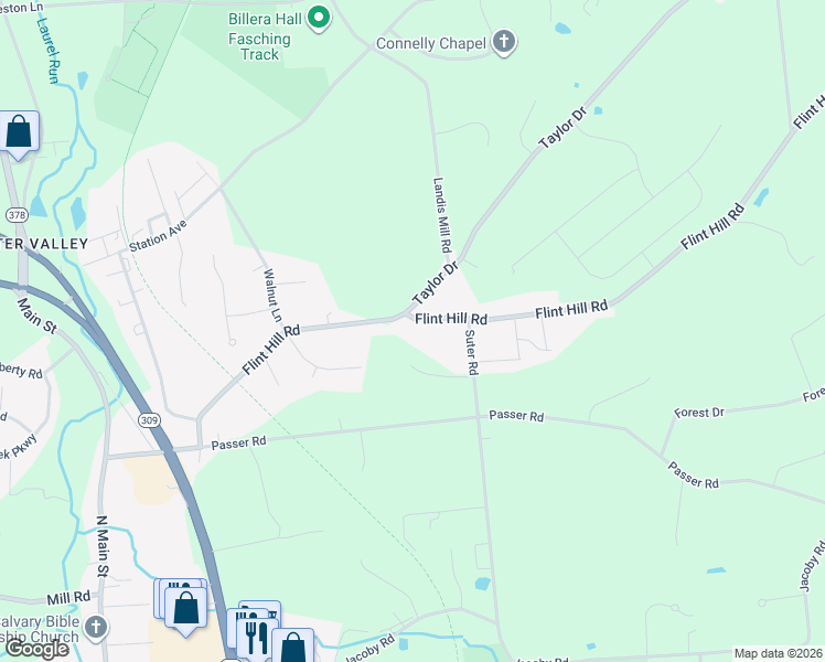 map of restaurants, bars, coffee shops, grocery stores, and more near 3266 Flint Hill Road in Coopersburg