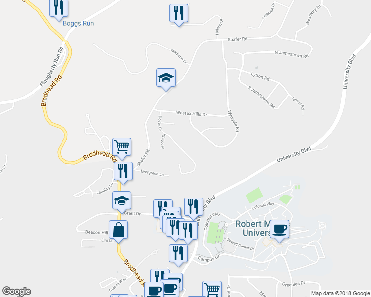 map of restaurants, bars, coffee shops, grocery stores, and more near 128 Dover Drive in Coraopolis