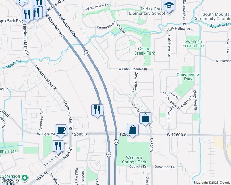 map of restaurants, bars, coffee shops, grocery stores, and more near 12359 Stockade Lane in Herriman