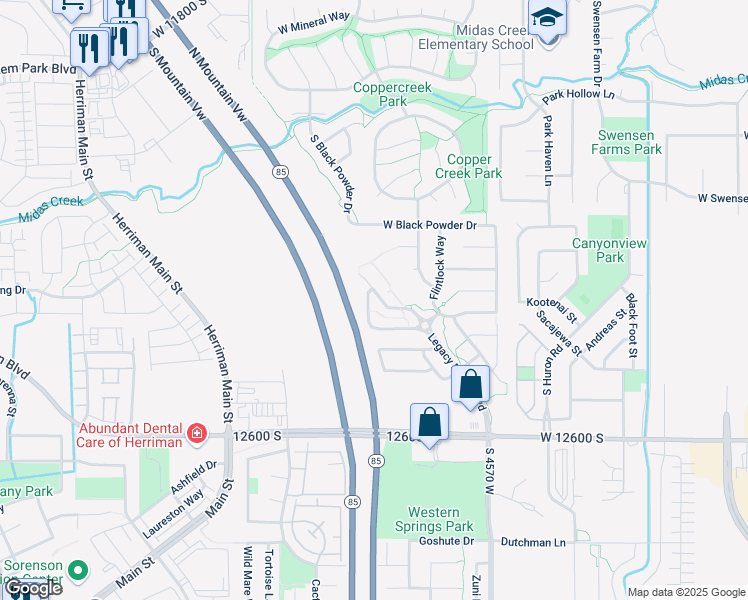 map of restaurants, bars, coffee shops, grocery stores, and more near 12359 Stockade Lane in Herriman