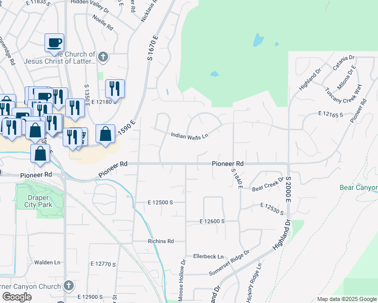 map of restaurants, bars, coffee shops, grocery stores, and more near 1703 Pioneer Road in Draper