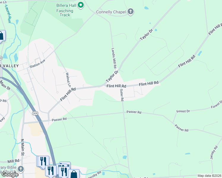 map of restaurants, bars, coffee shops, grocery stores, and more near 3266 Flint Hill Rd in Coopersburg