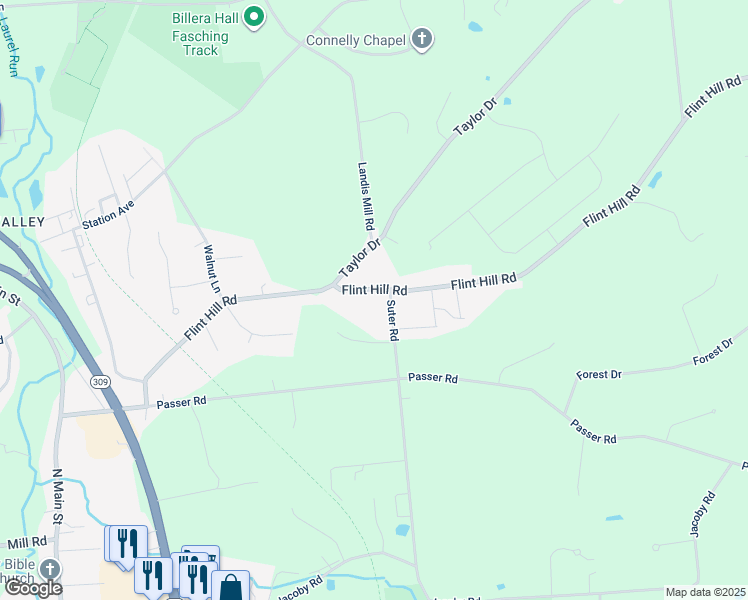 map of restaurants, bars, coffee shops, grocery stores, and more near 3234 Flint Hill Road in Coopersburg