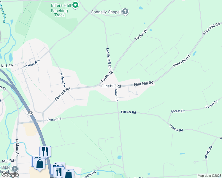 map of restaurants, bars, coffee shops, grocery stores, and more near 3234 Flint Hill Road in Coopersburg