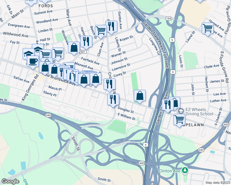map of restaurants, bars, coffee shops, grocery stores, and more near 420 Crows Mill Road in Woodbridge Township