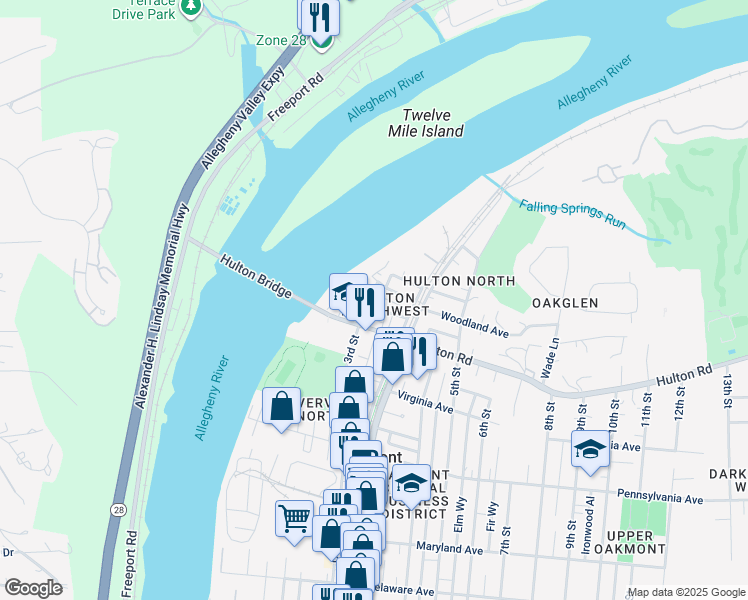 map of restaurants, bars, coffee shops, grocery stores, and more near 14 West Woodland Avenue in Oakmont