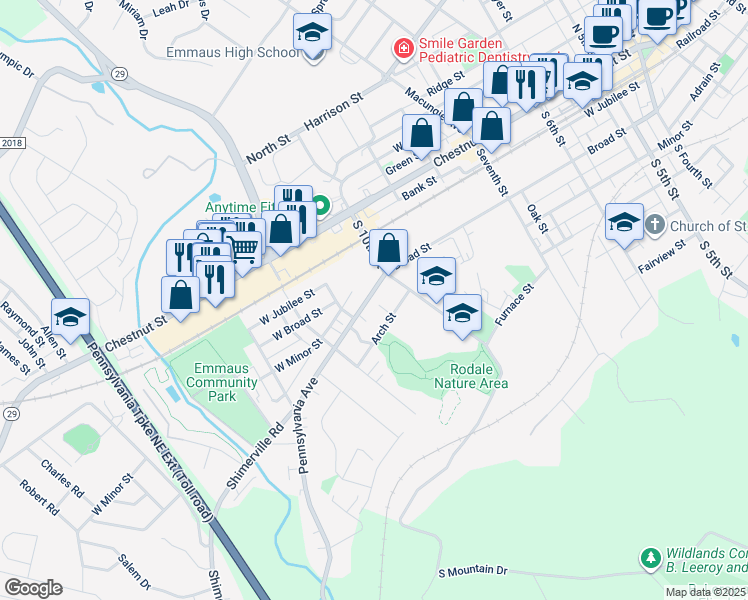 map of restaurants, bars, coffee shops, grocery stores, and more near 1034 Pennsylvania Avenue in Emmaus