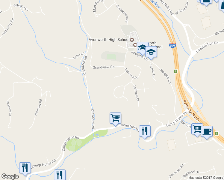 map of restaurants, bars, coffee shops, grocery stores, and more near 501 Avonworth Heights Drive in Pittsburgh