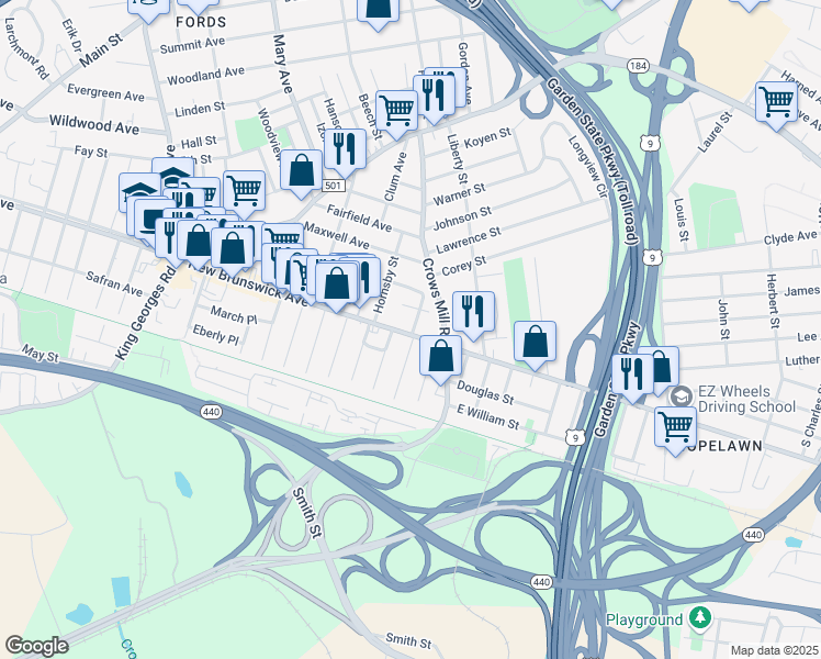map of restaurants, bars, coffee shops, grocery stores, and more near 386 New Brunswick Avenue in Woodbridge Township
