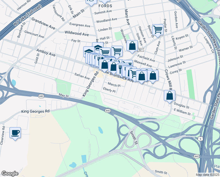 map of restaurants, bars, coffee shops, grocery stores, and more near 22 Eberly Place in Woodbridge Township