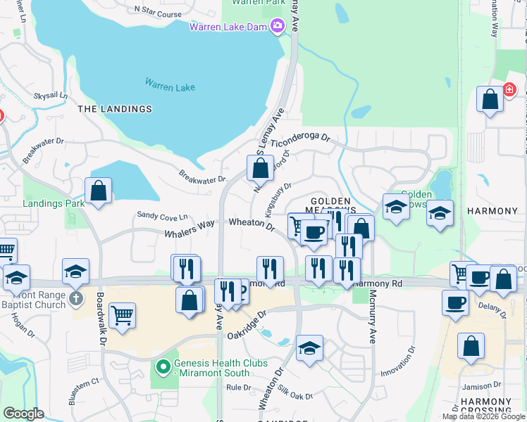 map of restaurants, bars, coffee shops, grocery stores, and more near 4349 Kingsbury Drive in Fort Collins