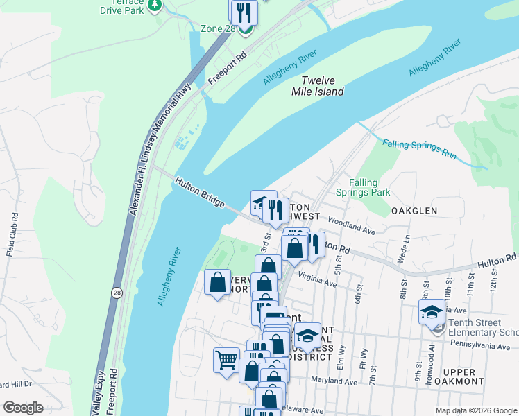 map of restaurants, bars, coffee shops, grocery stores, and more near 9 2nd Street Extension in Oakmont