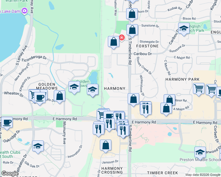 map of restaurants, bars, coffee shops, grocery stores, and more near 1909 Harmony Drive in Fort Collins