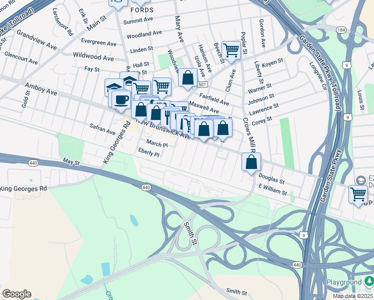 map of restaurants, bars, coffee shops, grocery stores, and more near 36 Paul Street in Woodbridge Township
