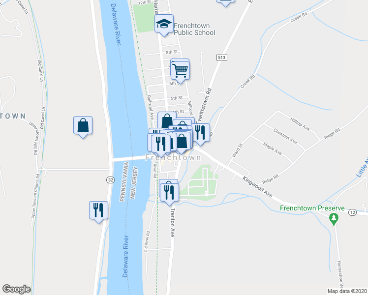 map of restaurants, bars, coffee shops, grocery stores, and more near 23 Race Street in Frenchtown