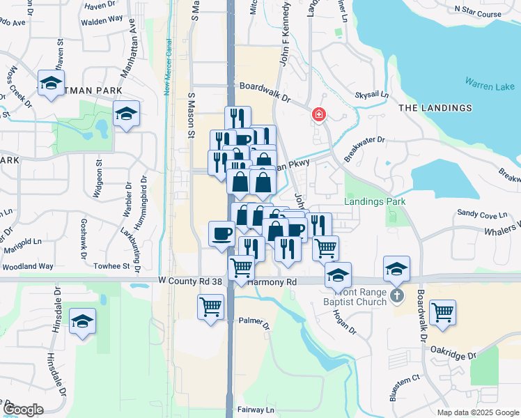 map of restaurants, bars, coffee shops, grocery stores, and more near 4348 South College Avenue in Fort Collins