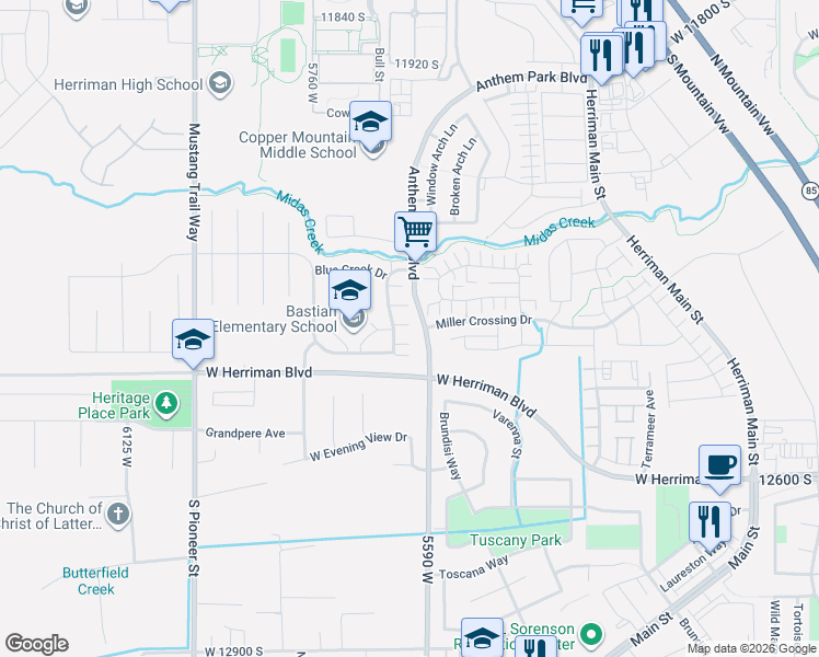 map of restaurants, bars, coffee shops, grocery stores, and more near 5617 West Lost Mine Lane in Herriman
