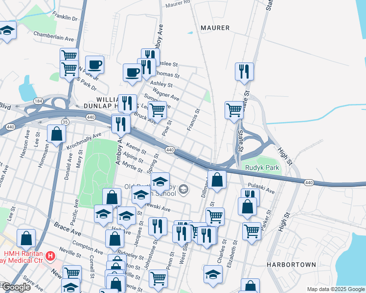 map of restaurants, bars, coffee shops, grocery stores, and more near 860 Francis Street in Perth Amboy