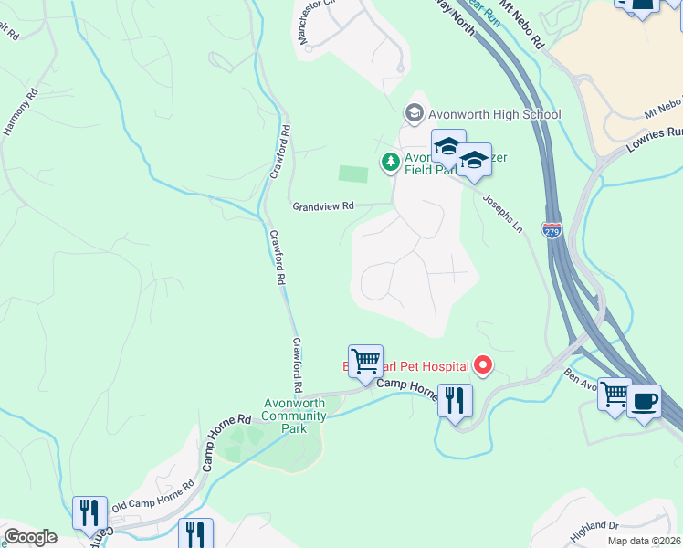 map of restaurants, bars, coffee shops, grocery stores, and more near 501 Avonworth Heights Drive in Pittsburgh