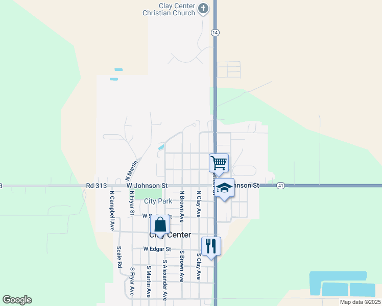 map of restaurants, bars, coffee shops, grocery stores, and more near 251 East Thurber Street in Clay Center