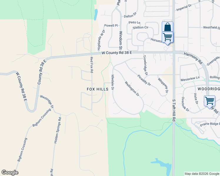 map of restaurants, bars, coffee shops, grocery stores, and more near 4309 Idledale Drive in Fort Collins