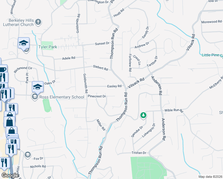 map of restaurants, bars, coffee shops, grocery stores, and more near 129 Easley Road in Pittsburgh