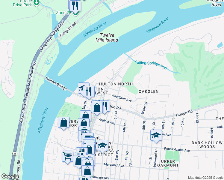 map of restaurants, bars, coffee shops, grocery stores, and more near 380 Hulton Lane in Oakmont