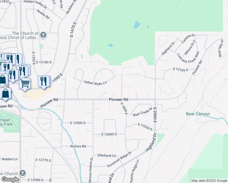map of restaurants, bars, coffee shops, grocery stores, and more near 1795 Pioneer Road in Draper