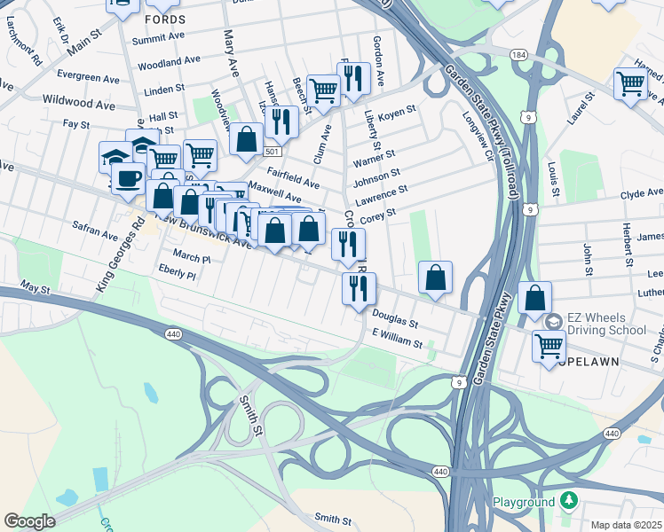 map of restaurants, bars, coffee shops, grocery stores, and more near 386 New Brunswick Avenue in Woodbridge Township