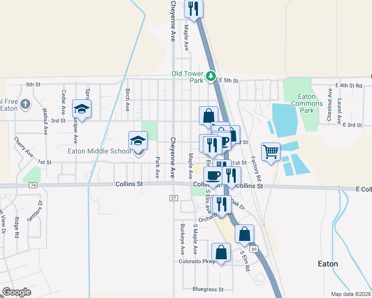 map of restaurants, bars, coffee shops, grocery stores, and more near 124 Maple Avenue in Eaton
