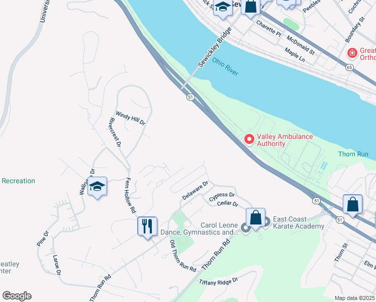 map of restaurants, bars, coffee shops, grocery stores, and more near 1210 Lee Drive in Moon