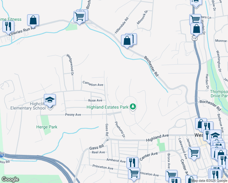 map of restaurants, bars, coffee shops, grocery stores, and more near 116 Pinevalley Drive in Pittsburgh