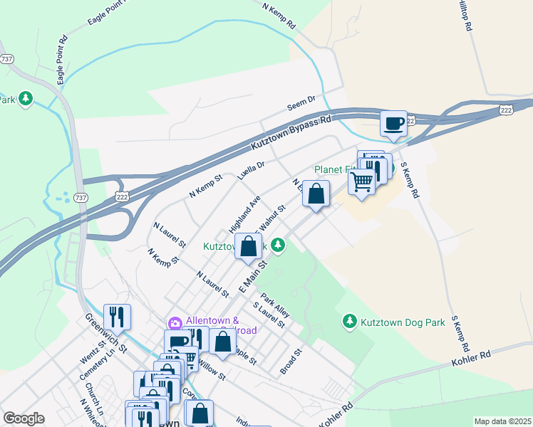 map of restaurants, bars, coffee shops, grocery stores, and more near 105 North Kemp Street in Kutztown