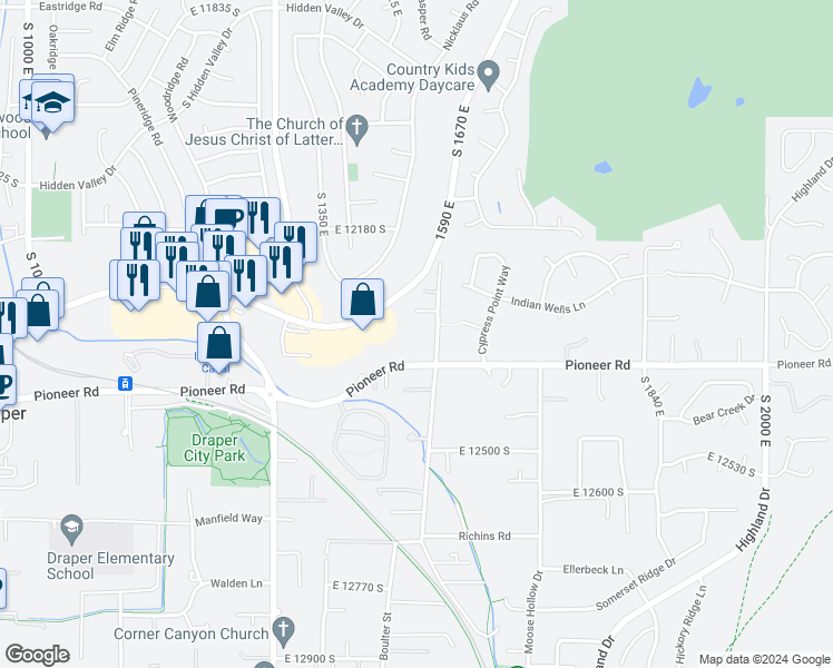 map of restaurants, bars, coffee shops, grocery stores, and more near 12296 South 1565 East in Draper