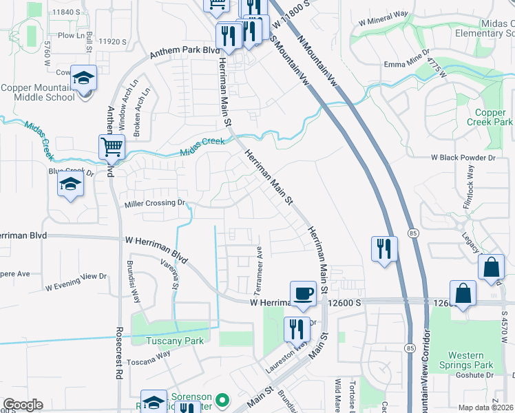 map of restaurants, bars, coffee shops, grocery stores, and more near 12341 South Pike Hill Lane in Herriman