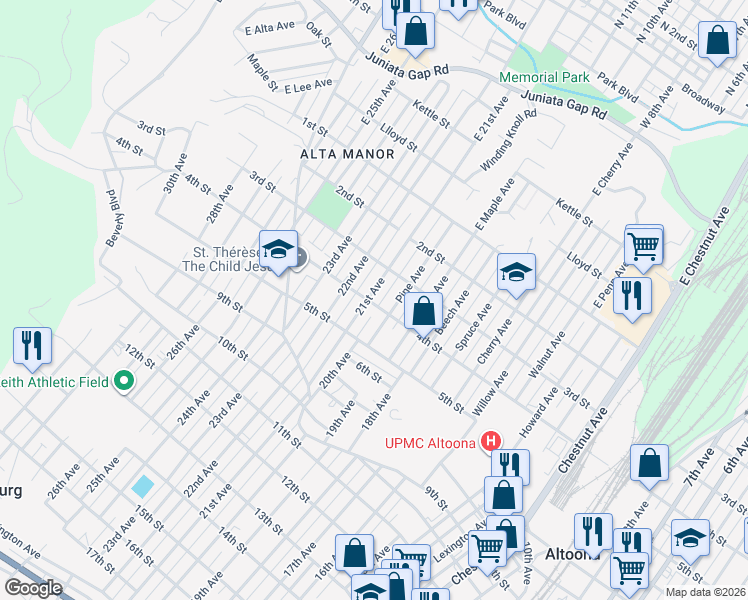 map of restaurants, bars, coffee shops, grocery stores, and more near 329-31 21st Ave in Altoona