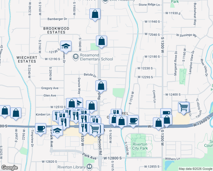 map of restaurants, bars, coffee shops, grocery stores, and more near 12341 South Redwood Road in Riverton
