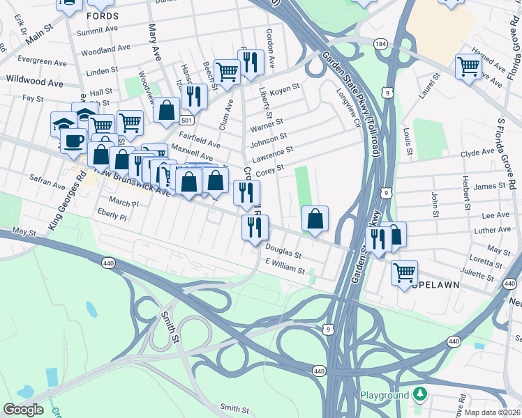map of restaurants, bars, coffee shops, grocery stores, and more near 422 Crows Mill Road in Woodbridge Township