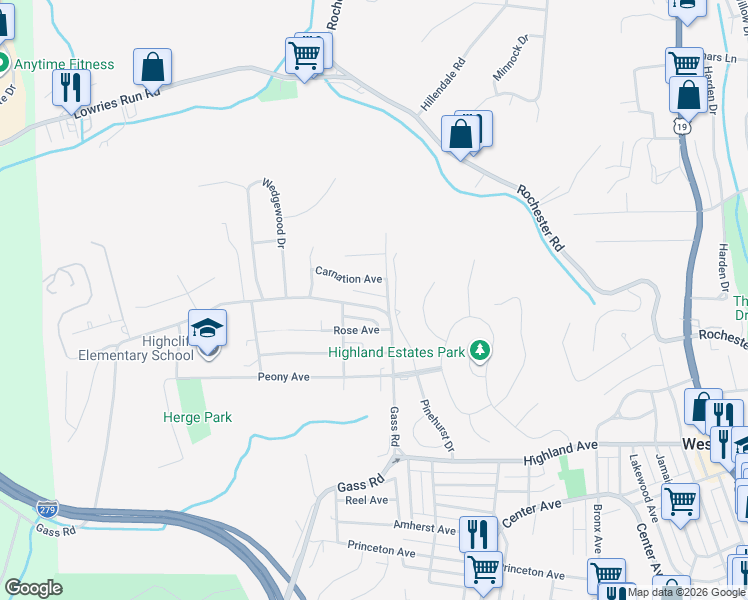 map of restaurants, bars, coffee shops, grocery stores, and more near 148 Gass Road in Pittsburgh