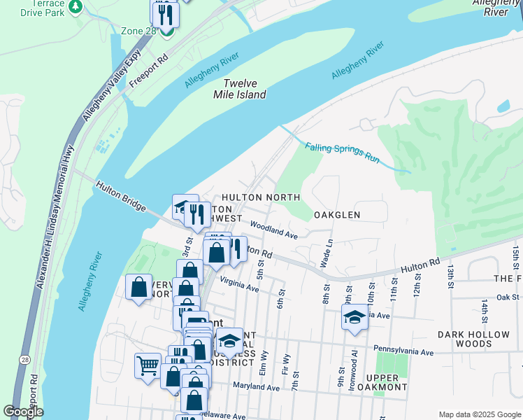 map of restaurants, bars, coffee shops, grocery stores, and more near 380 Hulton Lane in Oakmont