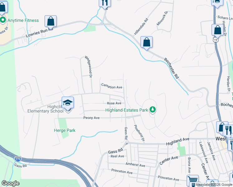 map of restaurants, bars, coffee shops, grocery stores, and more near 148 Gass Road in Pittsburgh
