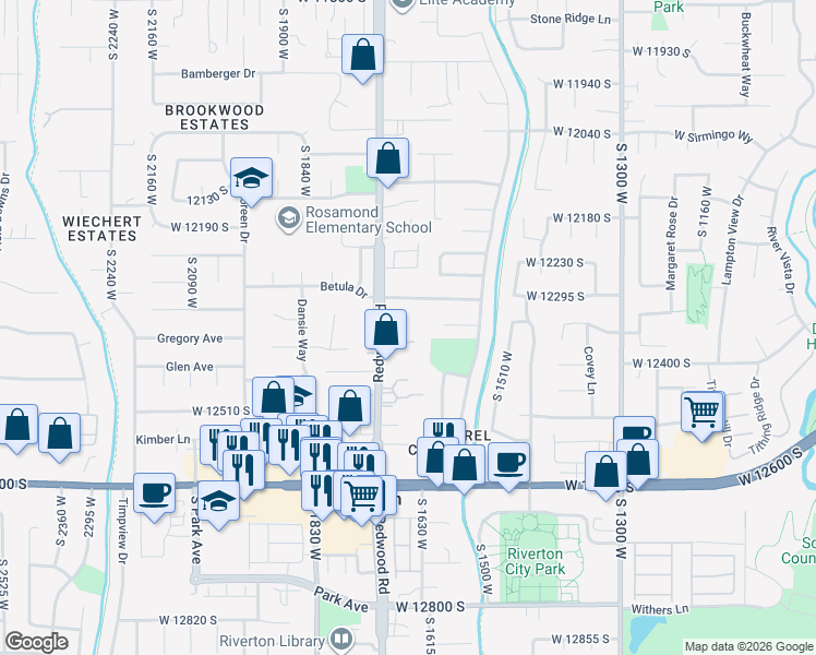 map of restaurants, bars, coffee shops, grocery stores, and more near 12341 South Redwood Road in Riverton