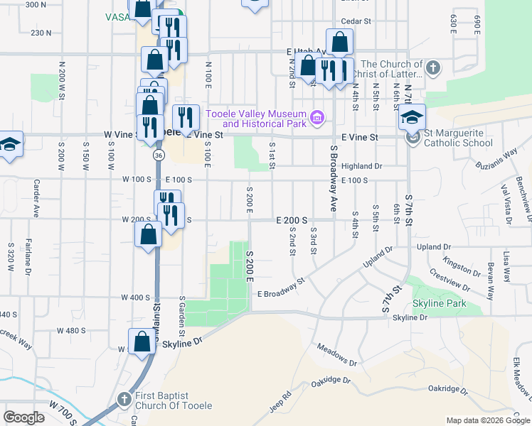 map of restaurants, bars, coffee shops, grocery stores, and more near 189 South 1st Street in Tooele