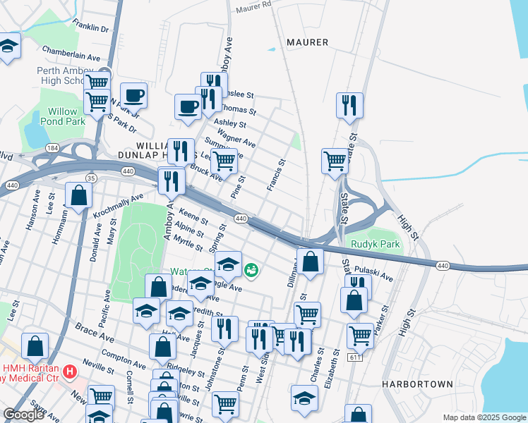 map of restaurants, bars, coffee shops, grocery stores, and more near 860 Francis Street in Perth Amboy