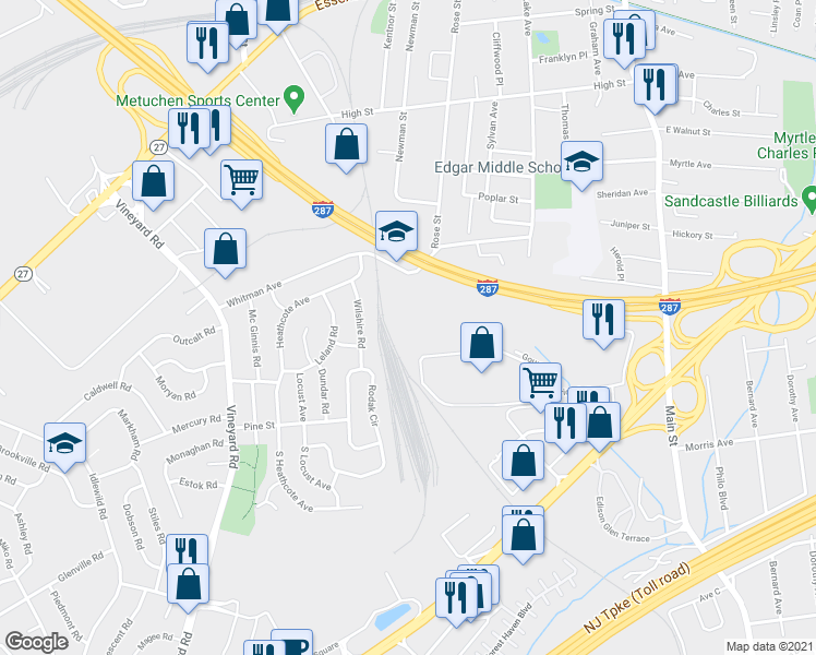 map of restaurants, bars, coffee shops, grocery stores, and more near 1-19 Wilshire Road in Edison