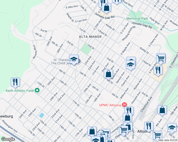 map of restaurants, bars, coffee shops, grocery stores, and more near 418 22nd Avenue in Altoona