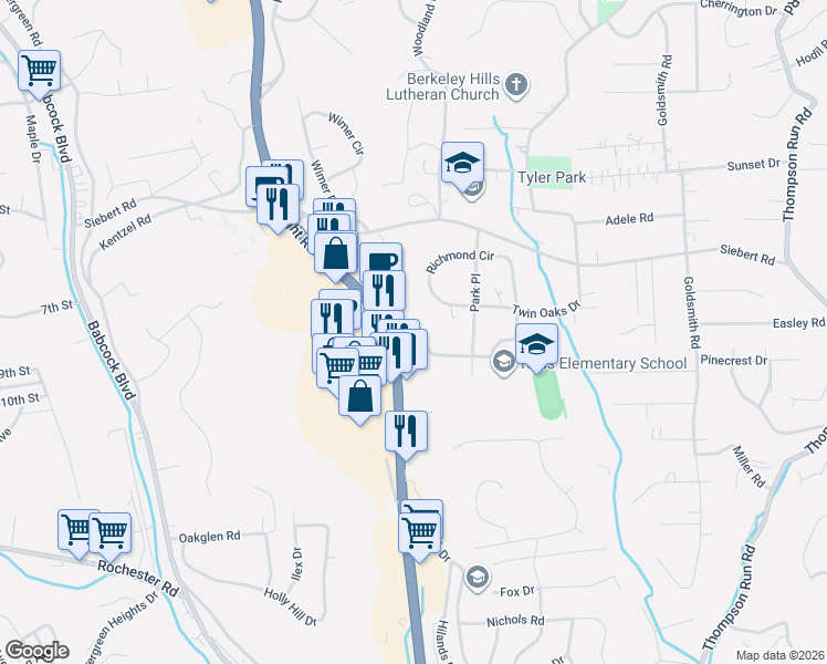 map of restaurants, bars, coffee shops, grocery stores, and more near in Ross Township