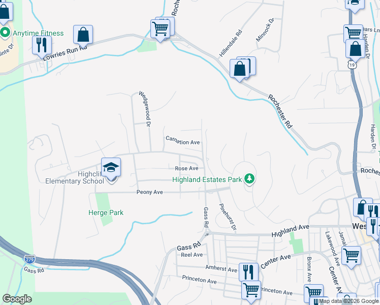 map of restaurants, bars, coffee shops, grocery stores, and more near 148 Gass Road in Pittsburgh