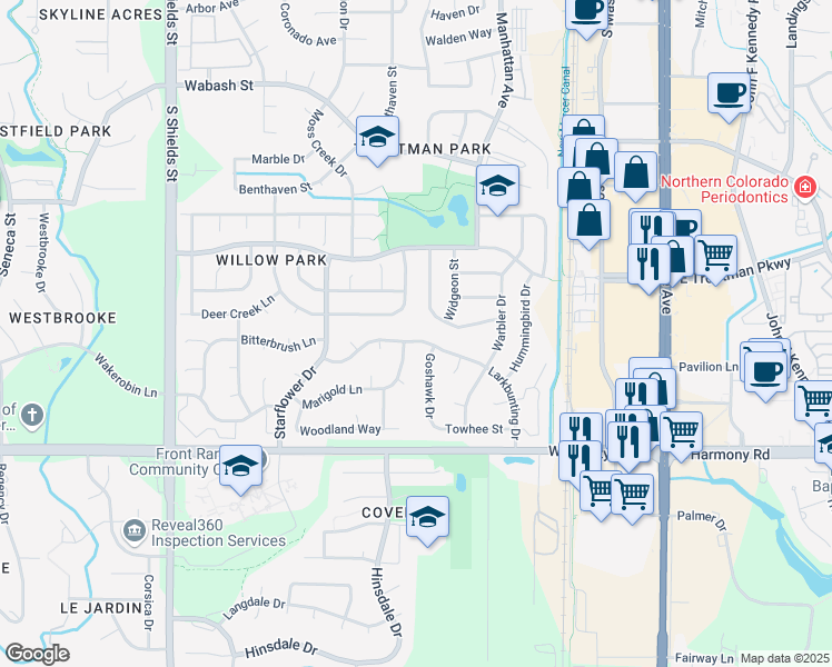 map of restaurants, bars, coffee shops, grocery stores, and more near 600 Larkbunting Drive in Fort Collins